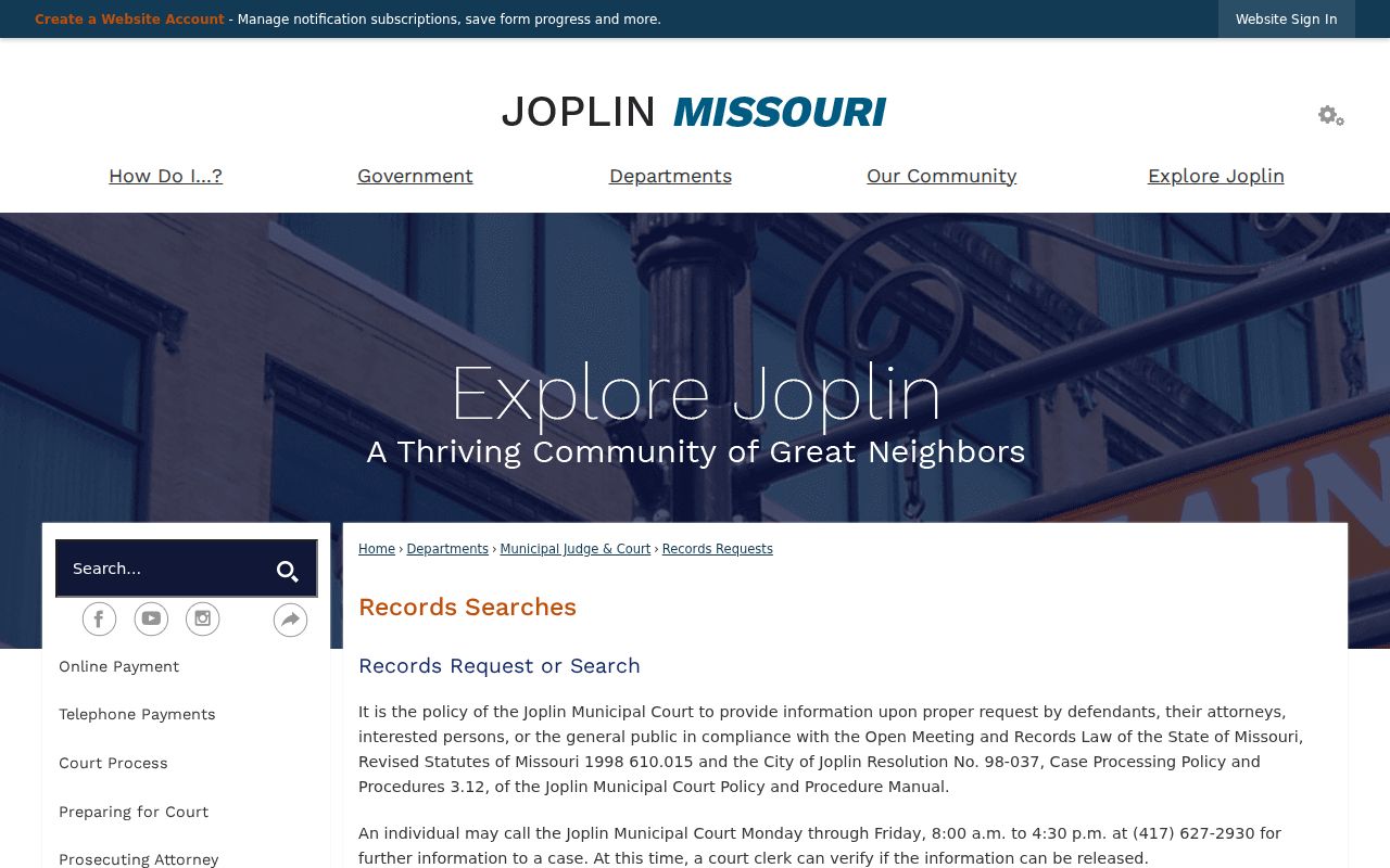 Joplin residents directory Municipal Court records request instructions