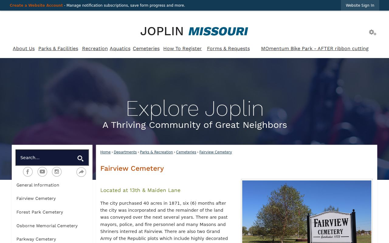Joplin previous residents Fairview Cemetery history source