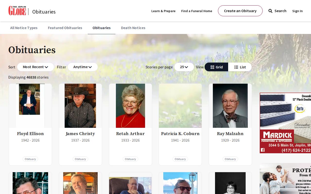 Joplin resident lookup using the Joplin Globe obituary search interface