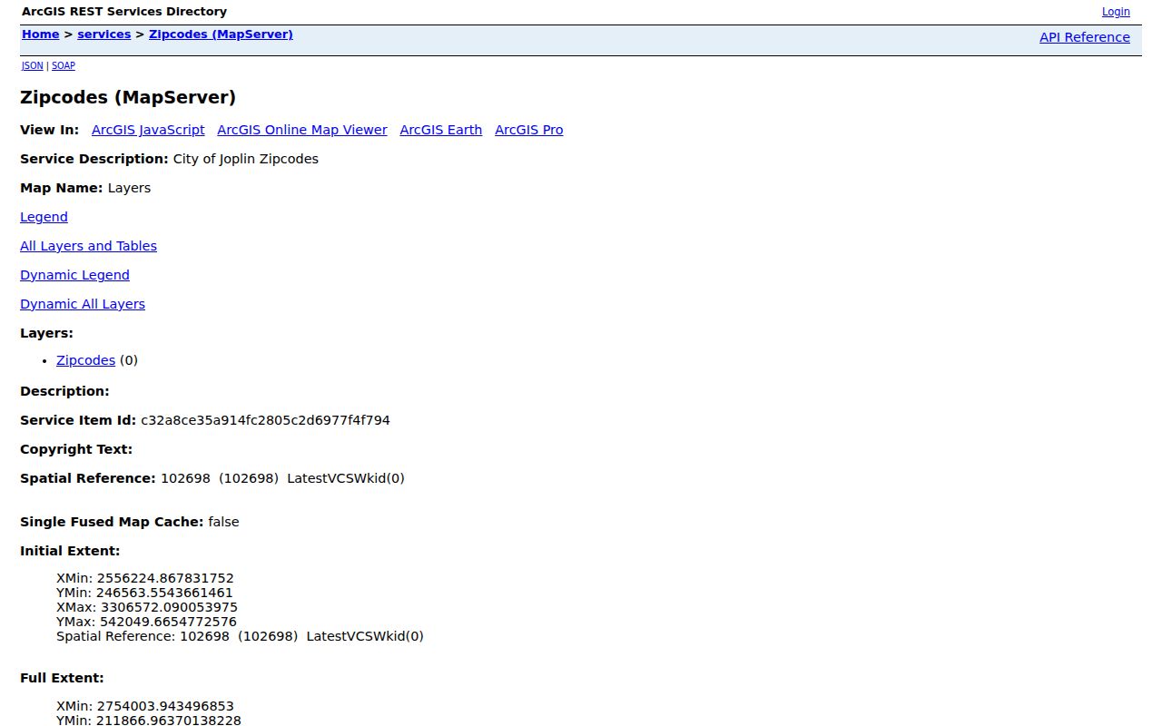 Joplin ZIP code directory ArcGIS Zipcodes layer